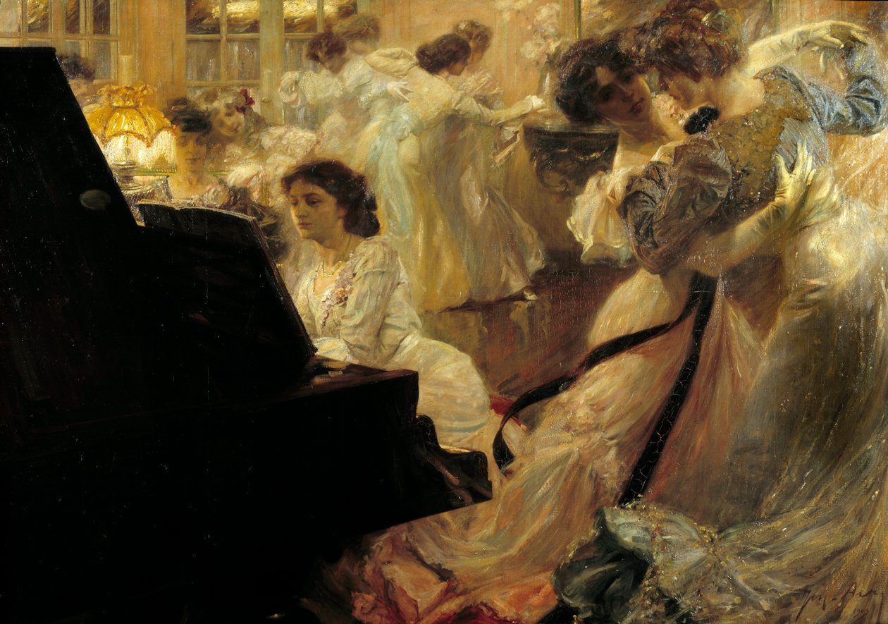 Belle epoque: „Fehér bál” Fehér ruhába öltözött fiatal nők estje, táncolnak és zongoráznak Joseph Marius Avy (1871-1939) 1903. alkotó: Joseph Marius Avy