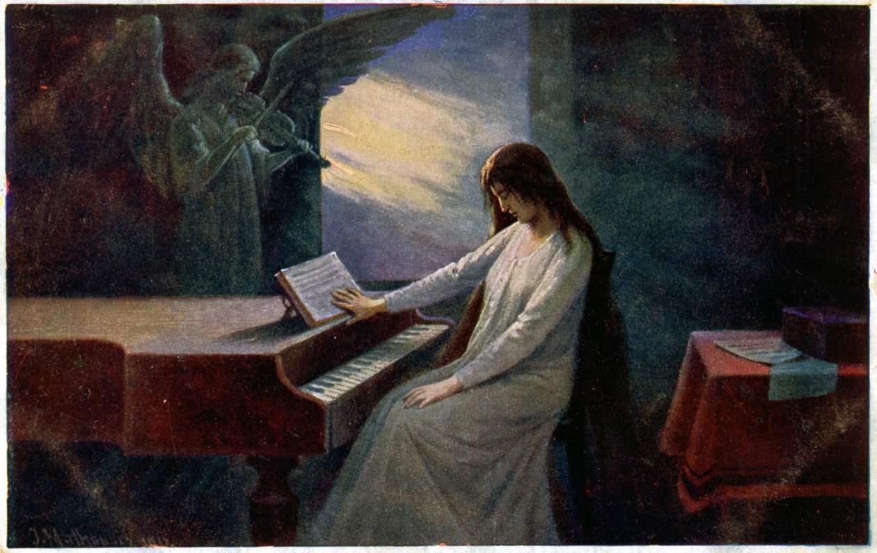 Zene. Az utolsó akkord. Haldokló hölgy a zongoránál. Illusztráció: Josef Mathauser, Cseh Köztársaság, 1910 körül (képeslap) alkotó: Joseph Mathauser