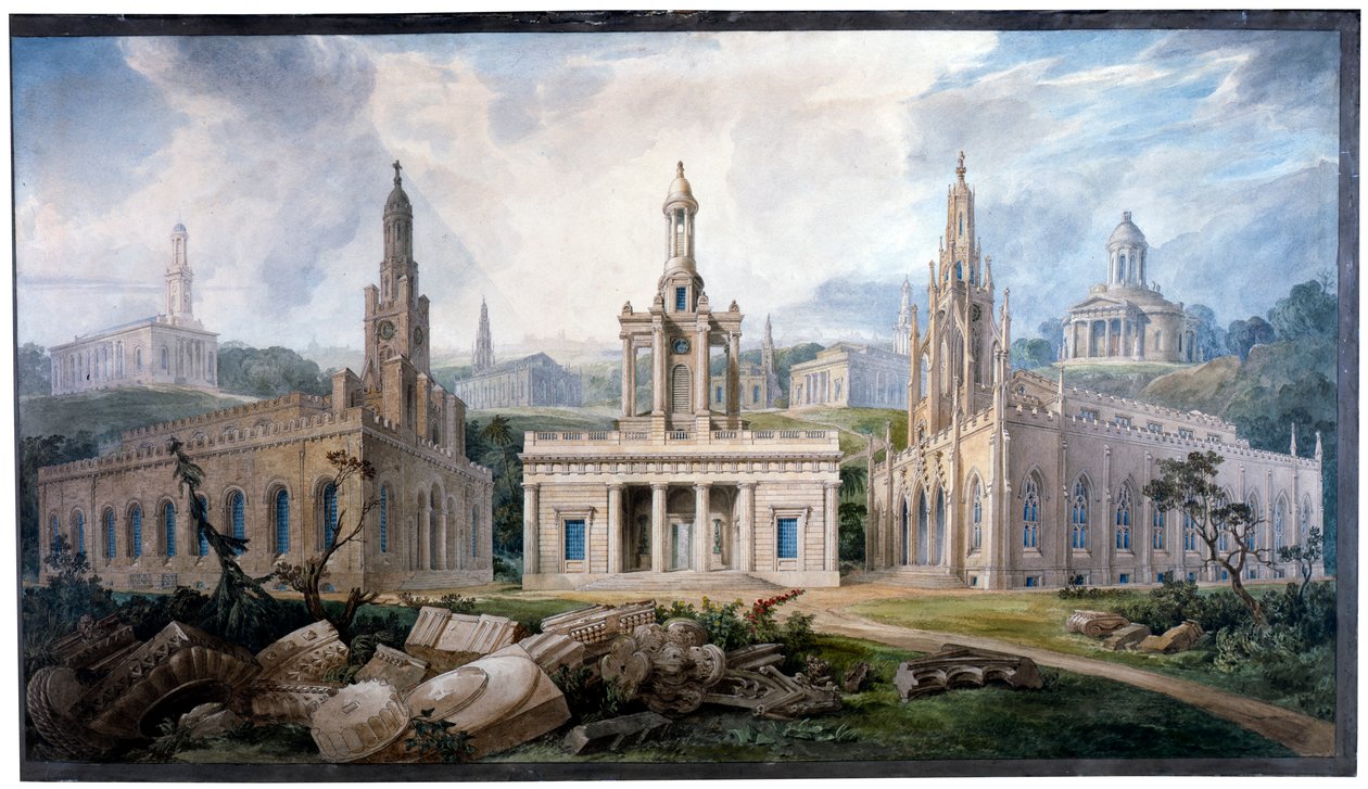 Sir J. Soane által tervezett templomok csoportja a különböző építészeti stílusok illusztrálására. alkotó: Joseph Michael Gandy