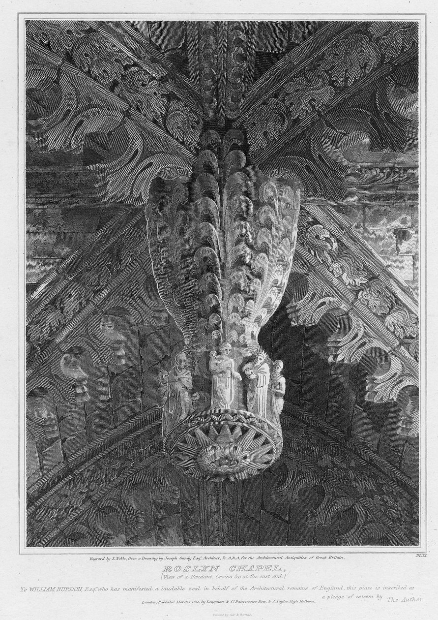 Roslyn-kápolna, kilátás egy medálra és a lágyékra a keleti végén, metszett S. Noble, 1810 alkotó: Joseph Michael Gandy