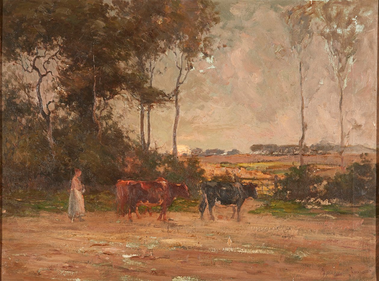 Szarvasmarhák terelése naplementekor (olaj, vászon) alkotó: Joseph Milne