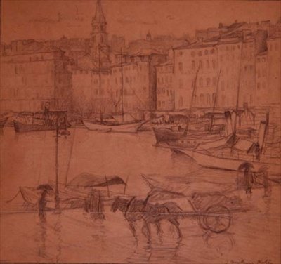 Kikötői jelenet, esős nap (ceruza) alkotó: Joseph Milner Kite