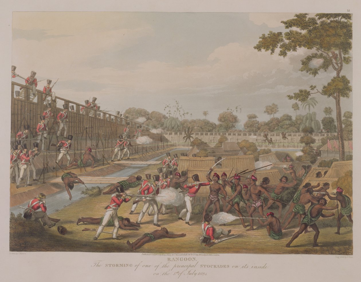 Rangoon: George Hunt metszete, 1825 (aquatinta), 15. tábla a "Rangoon Views" című kiadványból (15. tábla). alkotó: Joseph Moore