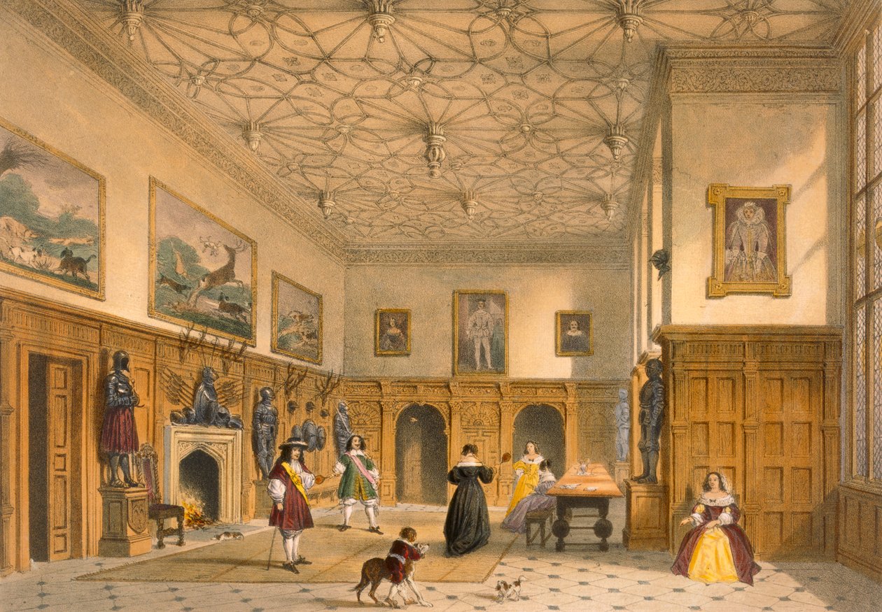 Denevérjáték a Grand Hallban, Parham Park, Sussex, 1600 körül a Középkor építészetéből, 1838-ban alkotó: Joseph Nash