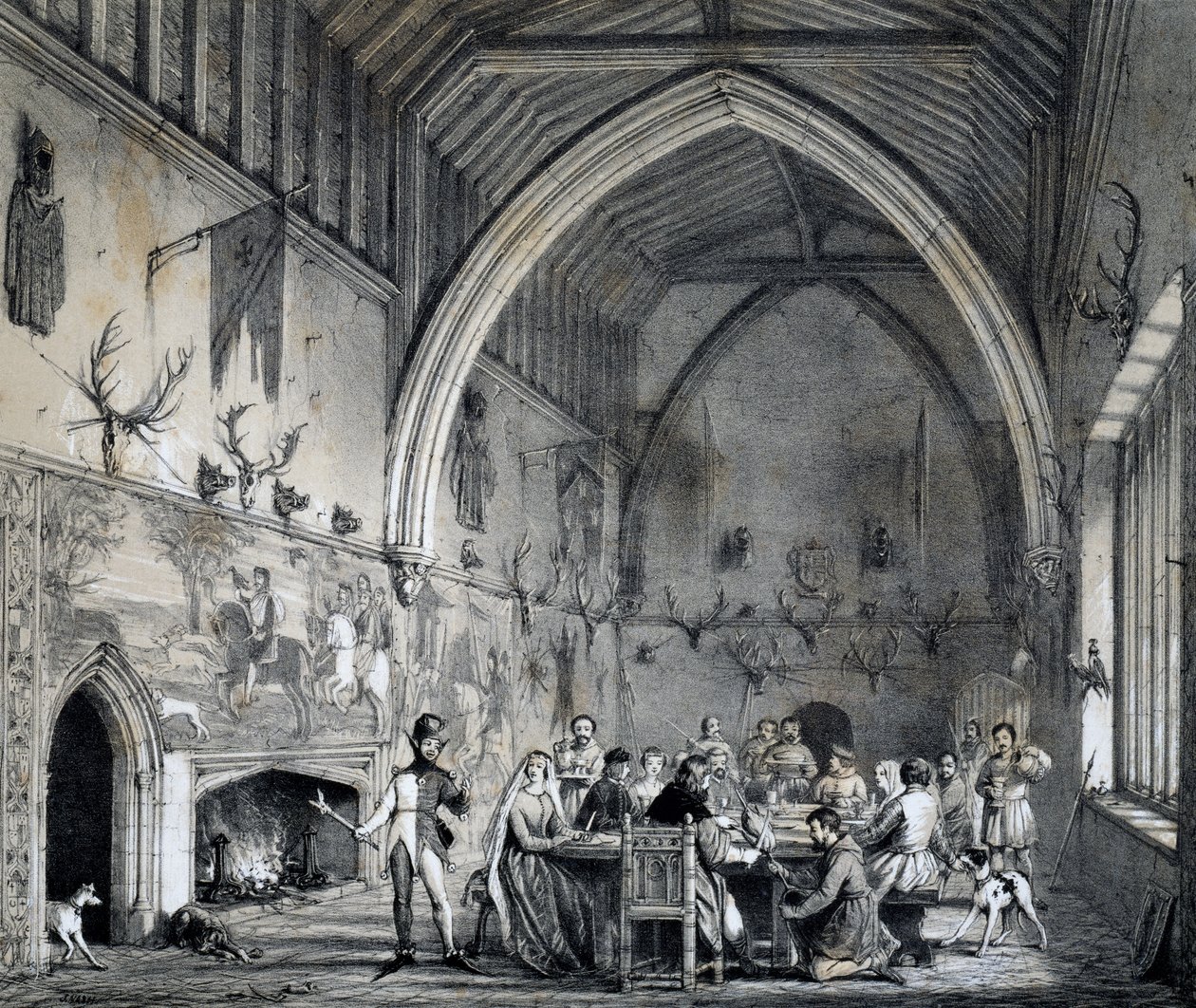Hall a Moat House Ighthamban lakomával, Kent, metszet a régi idők angliai kúriájából alkotó: Joseph Nash