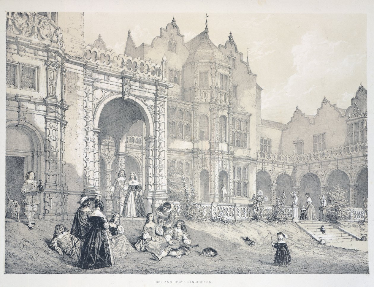 Holland ház Kensingtonban, London, Illusztráció a The Mansion-ból Angliában a régi időkben, Joseph Nash alkotó: Joseph Nash