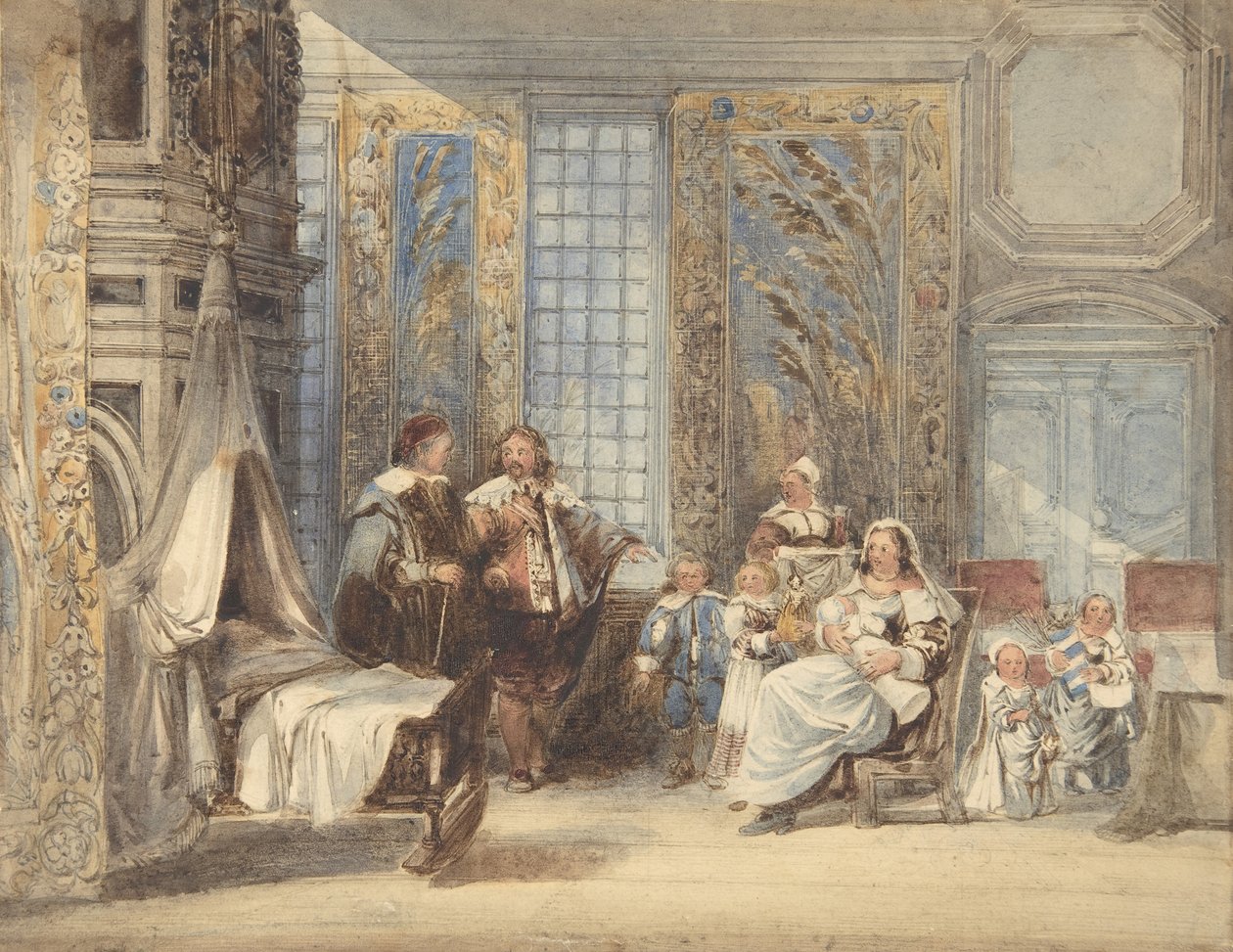 Jelenet családdal és vendéggel a tizenhetedik századi belső térben, 1825-78. alkotó: Joseph Nash.