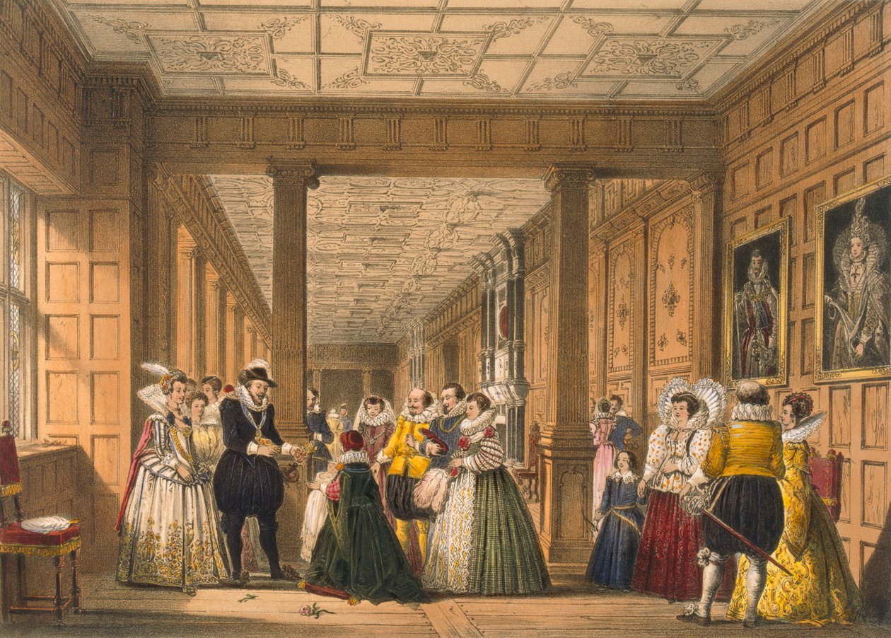 A Hertfordshire-i Hatfield House galériája, a "Architecture of the Middle Ages" című, 1838-ban megjelent kötetből. alkotó: Joseph Nash
