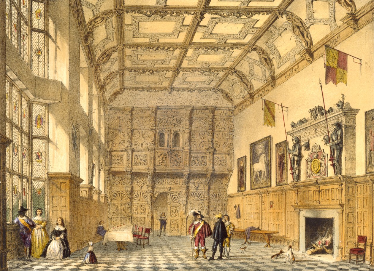 The Great Hall, Hatfield, Berkshire, 1600, illusztráció a "Középkor építészete" című könyvből, 1838 alkotó: Joseph Nash