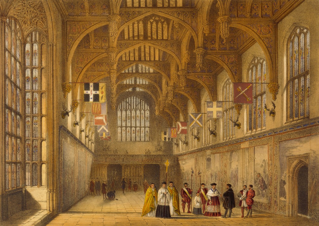 The Hall, Hampton Court, 1600 körül, a "Középkor építészete", 1838 alkotó: Joseph Nash