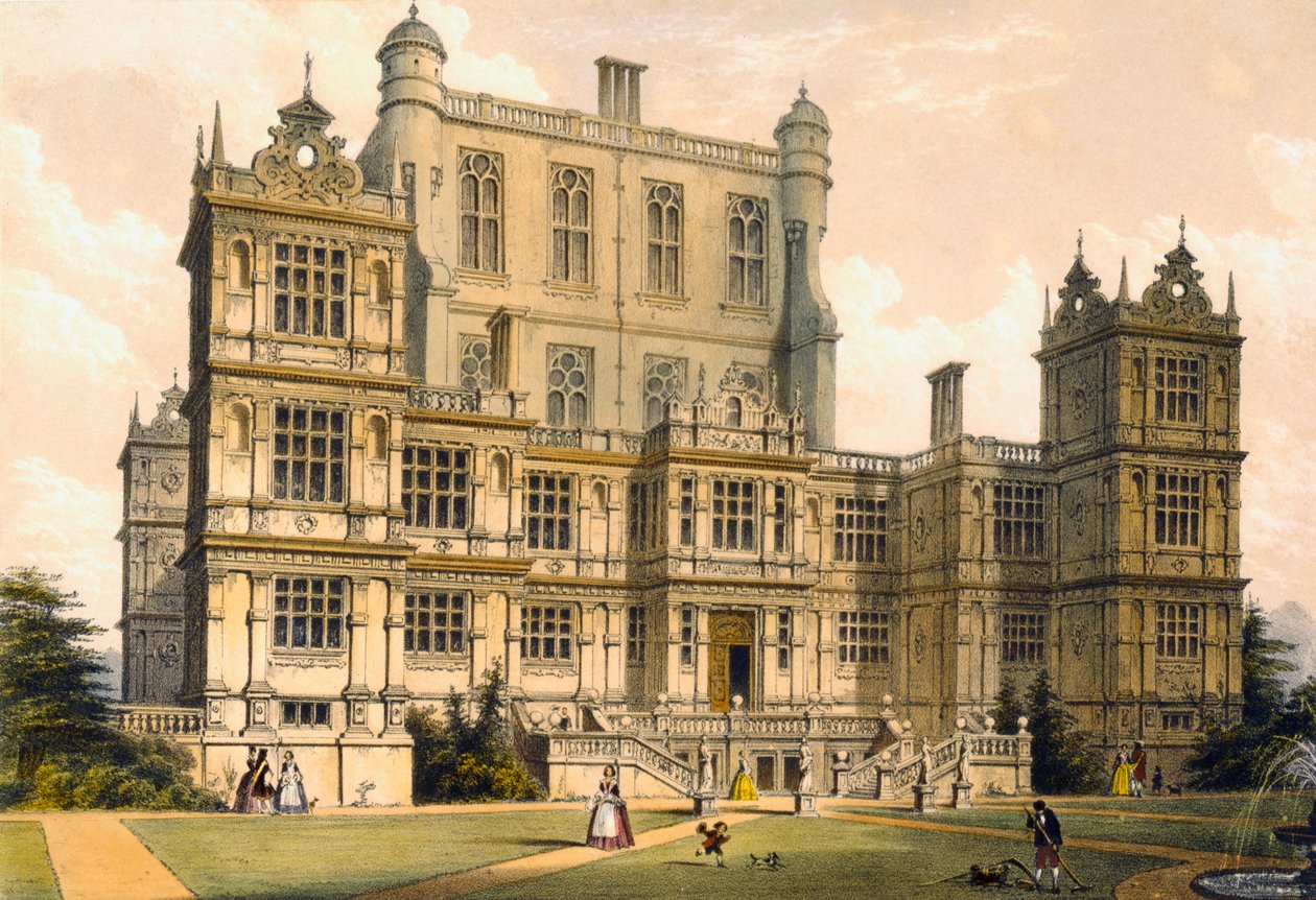 Wollaton Hall, Nottinghamshire, 1600, illusztráció az 1838-as "Architecture of the Middle Ages" című könyvből. alkotó: Joseph Nash