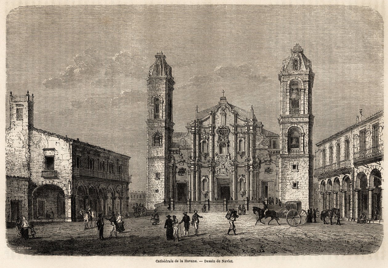 A kubai havannai katedrális, Navlet rajza a Kuba szigetére vezető utazás szemléltetésére 1859-ben, Richard Dana (1815-1882). Metszet a „” Le tour du monde, nouveau Journal des voyages”” Párizsban alkotó: Joseph Navlet