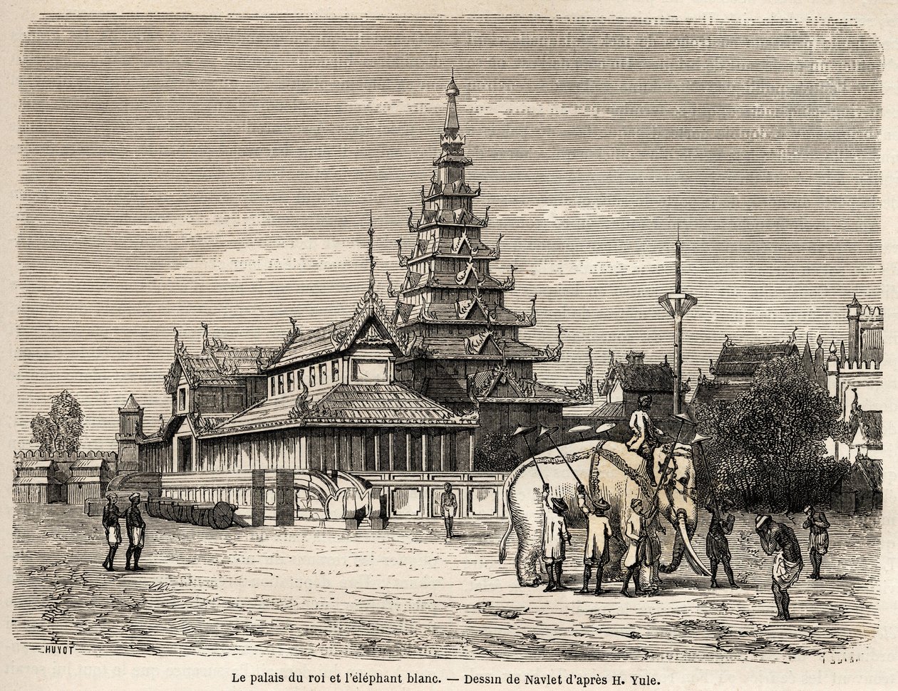 Ava királyának palotája Amarapourában (a mai Burma), Navlet rajza a bengáli dzsinn testének, Henri Yule kapitány Ava királyságába vezető 1855-ös utazásának szemléltetésére. Metszet a „” Le tour du monde, nouveau Journal des voya” nyelven alkotó: Joseph Navlet