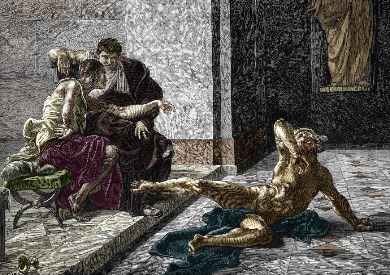 A római mérgező, Locust ábrázolása, aki Néró császár (37-68) oldalán próbált mérget venni, amelyet Britannicus (41-55) testvérének szánt egyik rabszolgáján, 55 Metszet Joseph-Noel Sylvestre (1847-1926) festménye után ) 1876 (Locus római mérgező alkotó: Joseph Noel (after) Sylvestre