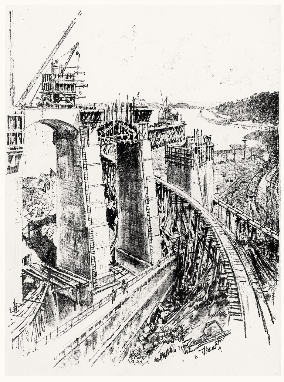 A Gatun-zsilip megközelítése, VI. tábla a Panama-csatornából, Joseph Pennell, 1912 (szén papíron) alkotó: Joseph Pennell
