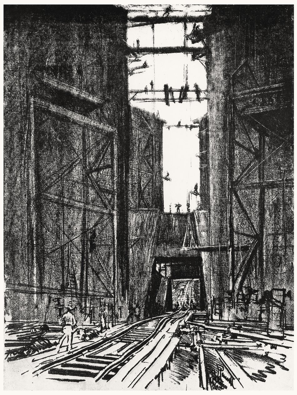 A Gatun-zsilip alján, a Panama-csatorna IV. táblája, Joseph Pennell, 1912 (faszén papíron) alkotó: Joseph Pennell