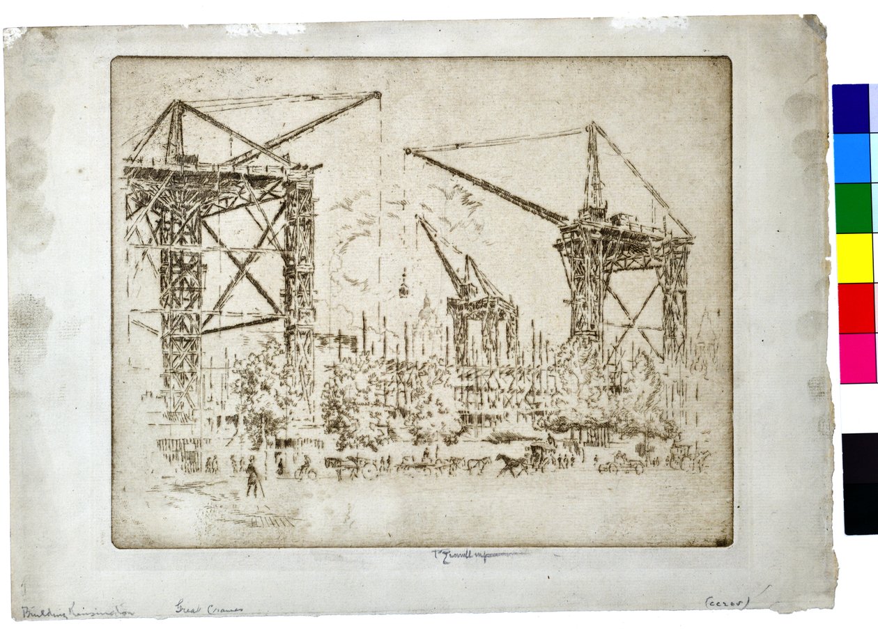 A Kensington Great Cranes épülete, 1905 körül (metszet, papír) alkotó: Joseph Pennell