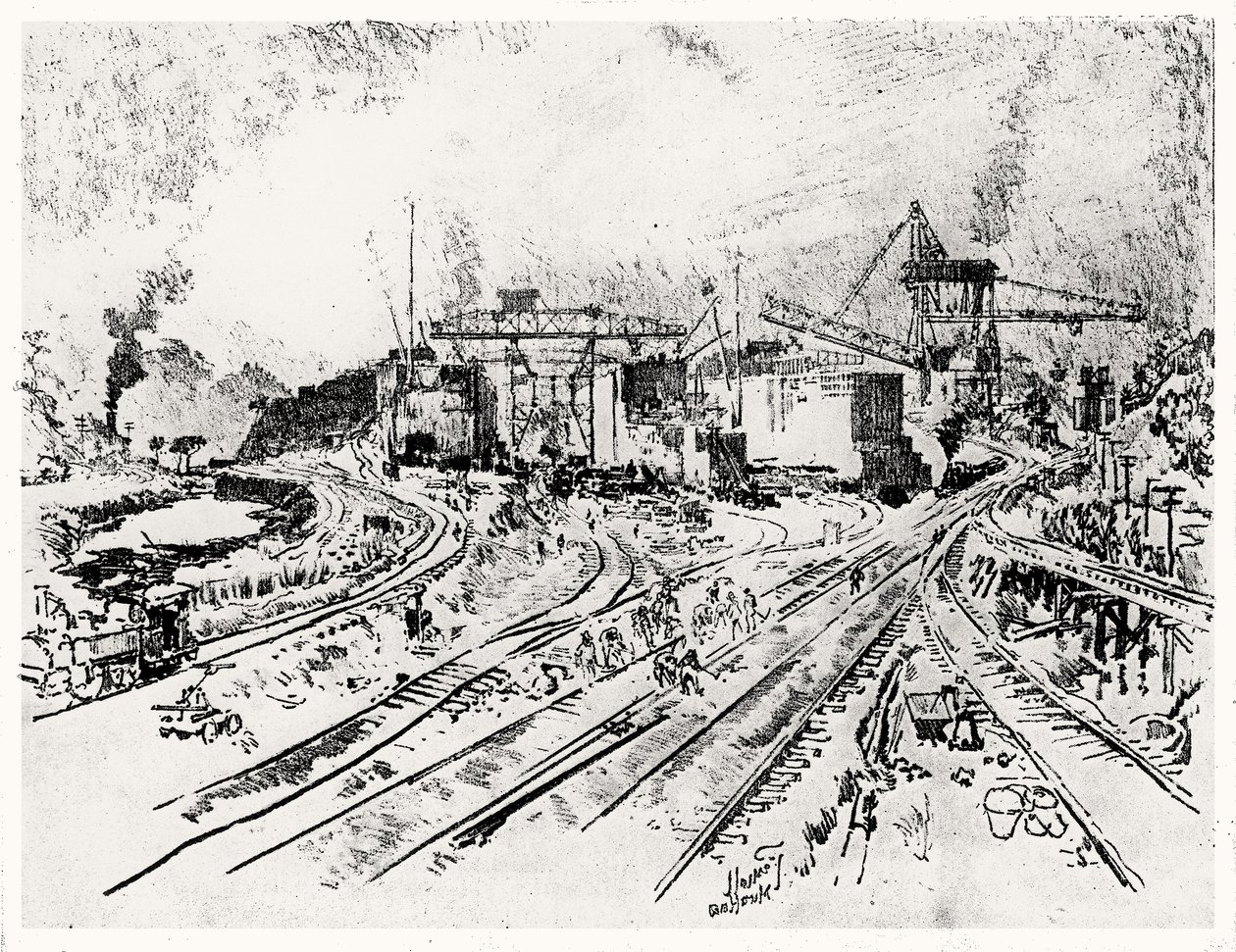 Miraflores zsilip épülete, XXI. tábla a Panama-csatornából, Joseph Pennell, 1912 (szén papíron) alkotó: Joseph Pennell
