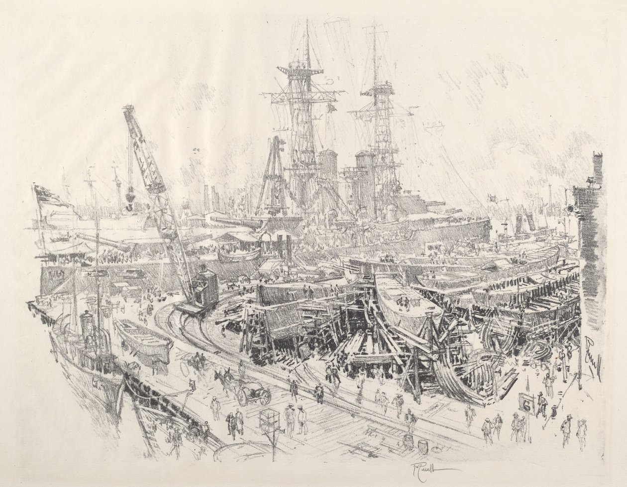 Tengeralattjáró-üldözők építése, 1917. alkotó: Joseph Pennell
