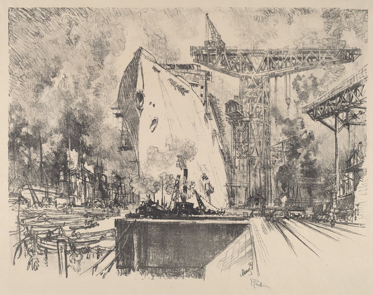 A Bismarck építése, Hamburg alkotó: Joseph Pennell