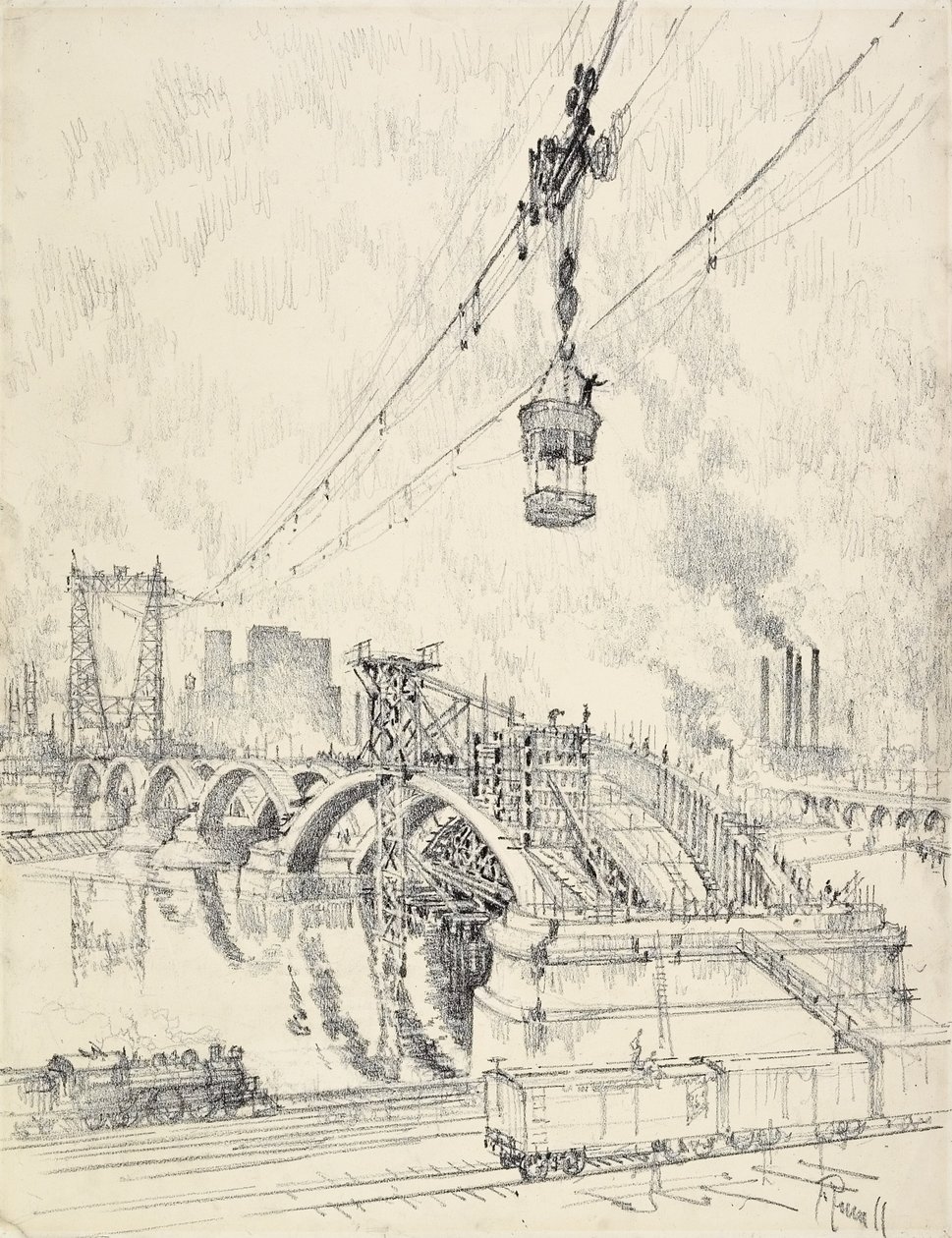 A híd építése, Minneapolis, 1915 alkotó: Joseph Pennell