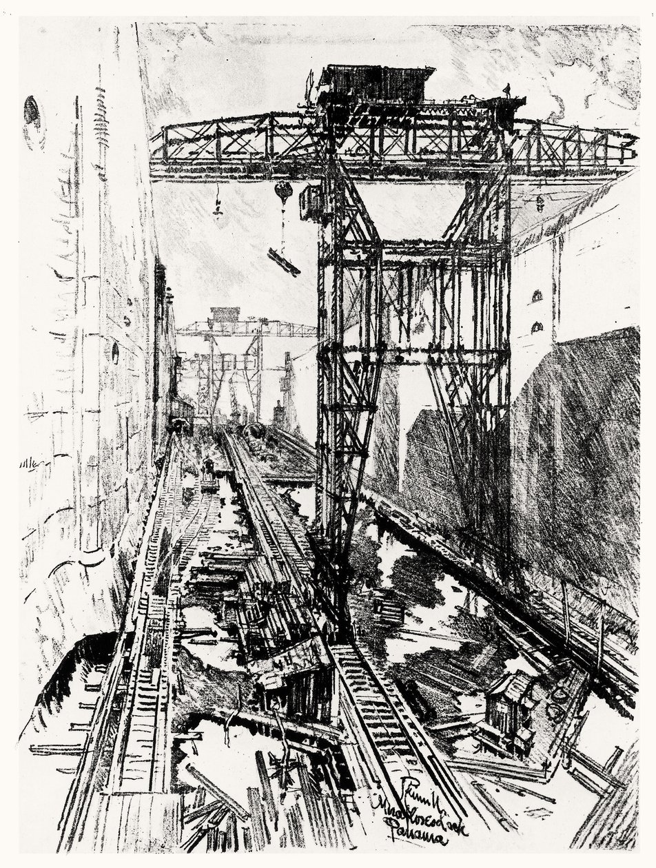 Daruk a Miraflores-zsilipnél, XXII. tábla a Panama-csatornából, Joseph Pennell, 1912 (szén papíron) alkotó: Joseph Pennell