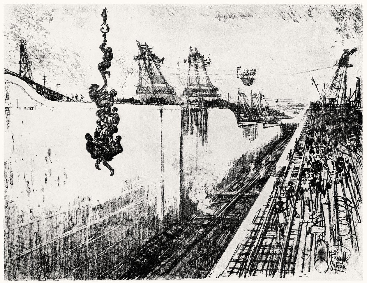 Vacsoraidő Gatunban, III. tányér a Panama-csatornából, Joseph Pennell, 1912 (szén papíron) alkotó: Joseph Pennell