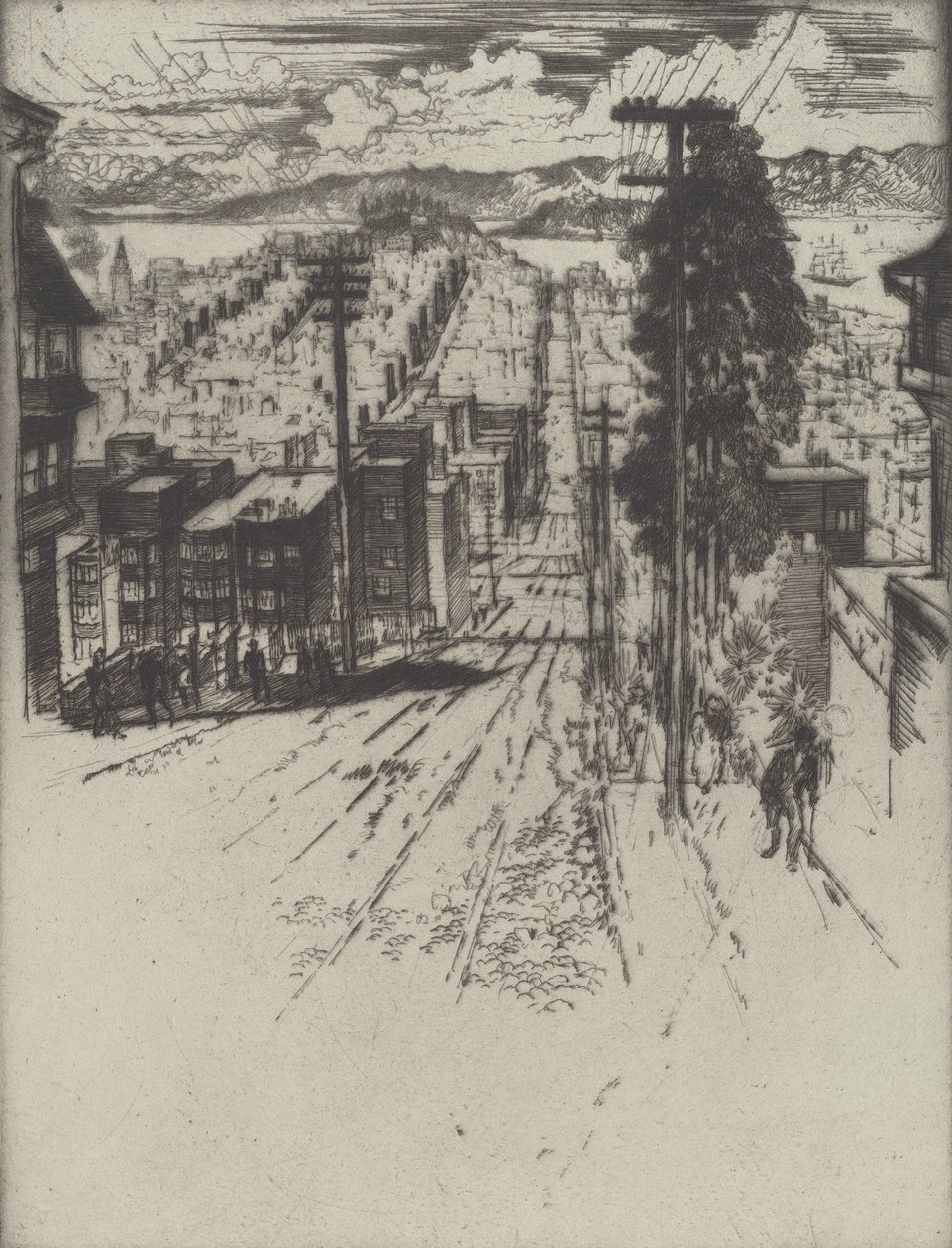 Le és fel a hegyeken az öbölbe, San Francisco, 1912. alkotó: Joseph Pennell