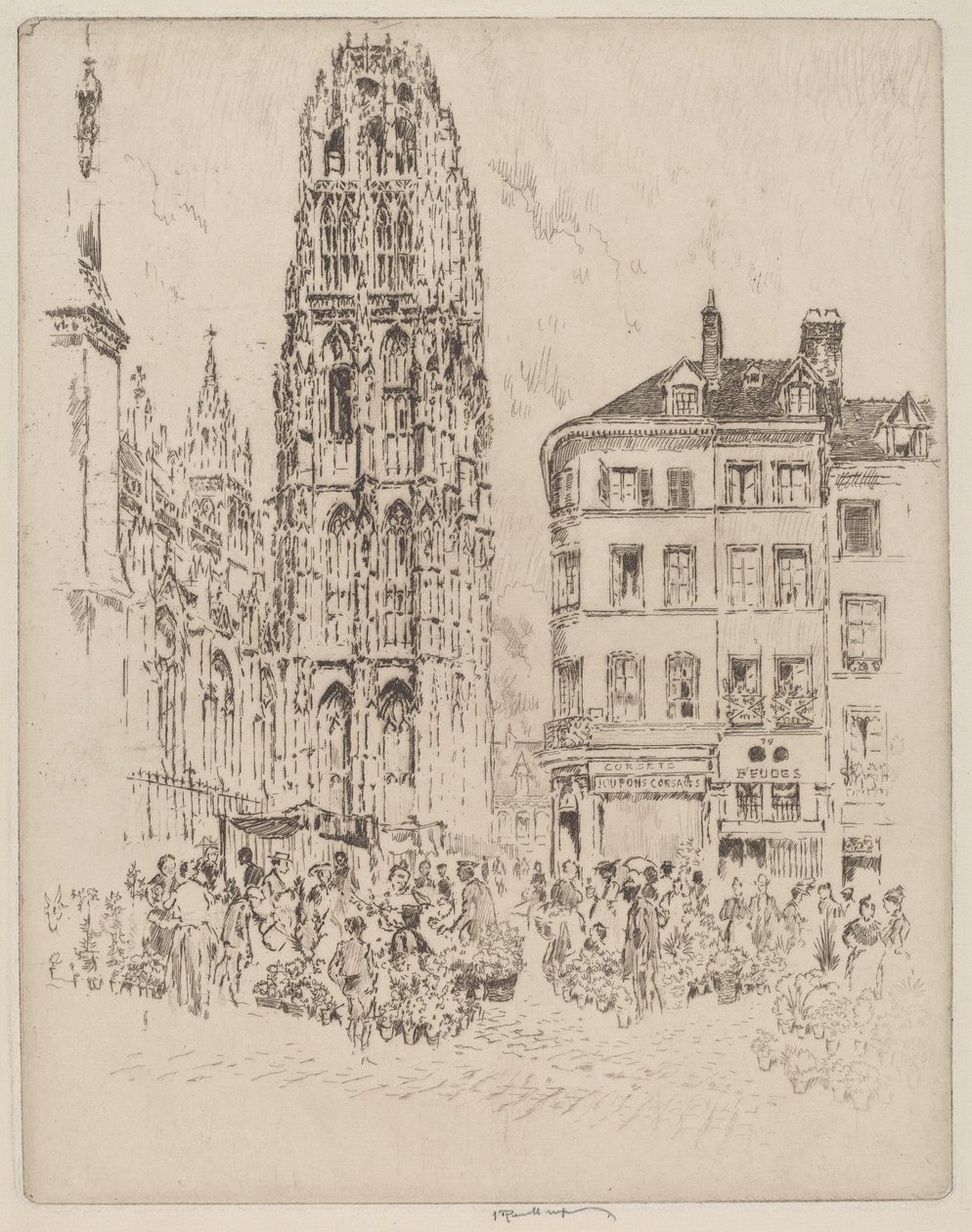 Virágpiac és vajtorony, Rouen alkotó: Joseph Pennell