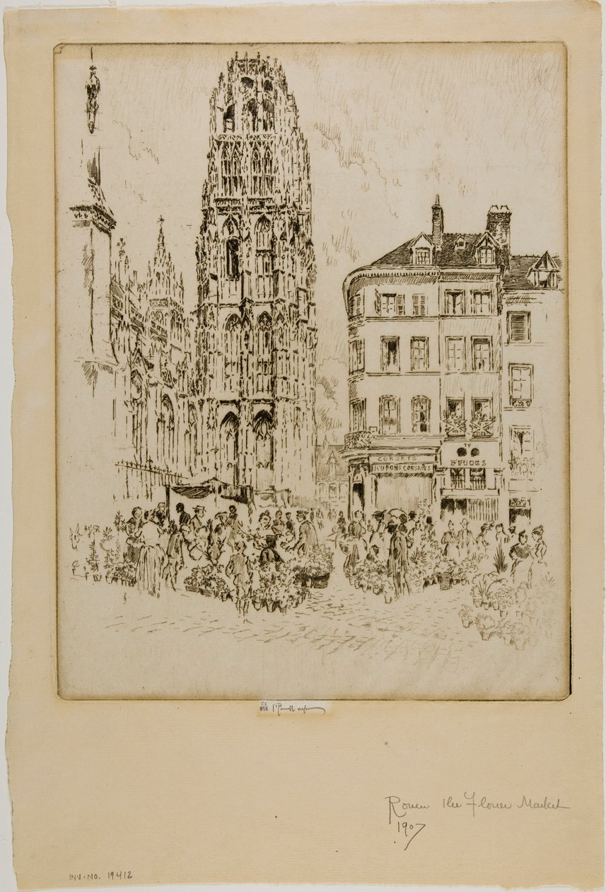 Virágpiac és vajtorony, Rouen alkotó: Joseph Pennell