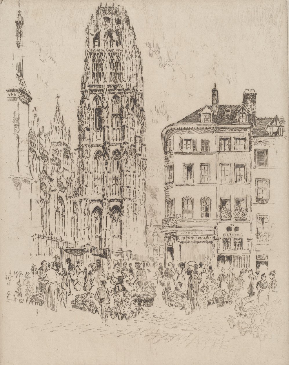 Virágpiac és vajtorony, Rouen, 1907. alkotó: Joseph Pennell