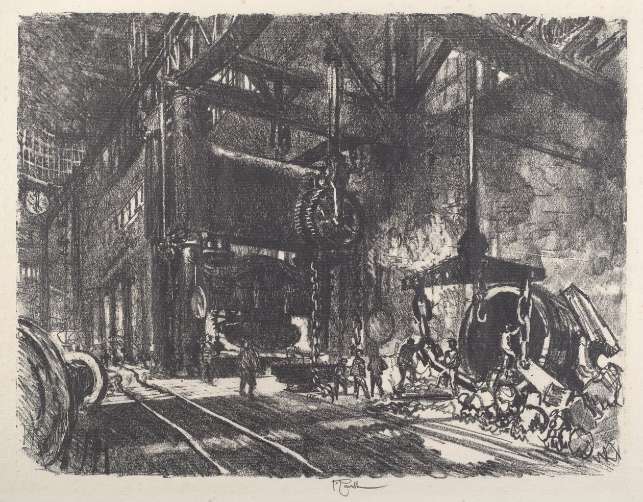 Brobdingnag földjén, a páncéllemezhajlító présgép, 1917. alkotó: Joseph Pennell