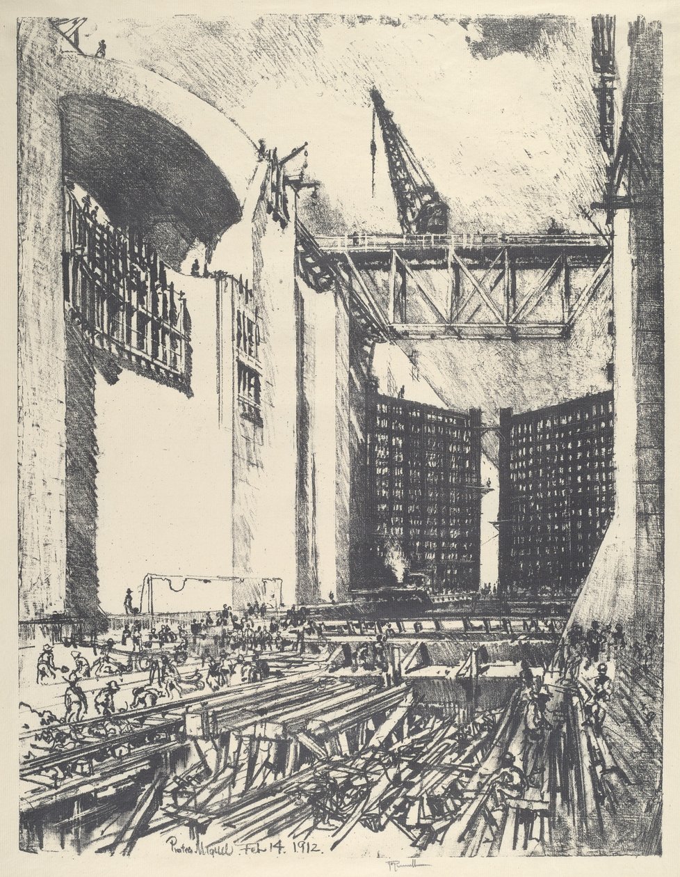 Pedro Miguel Lock padlójának lerakása, 1912. alkotó: Joseph Pennell
