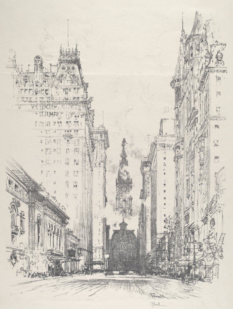 Felnézve a Broad Streetre a Spruce Street felől, 1912. alkotó: Joseph Pennell