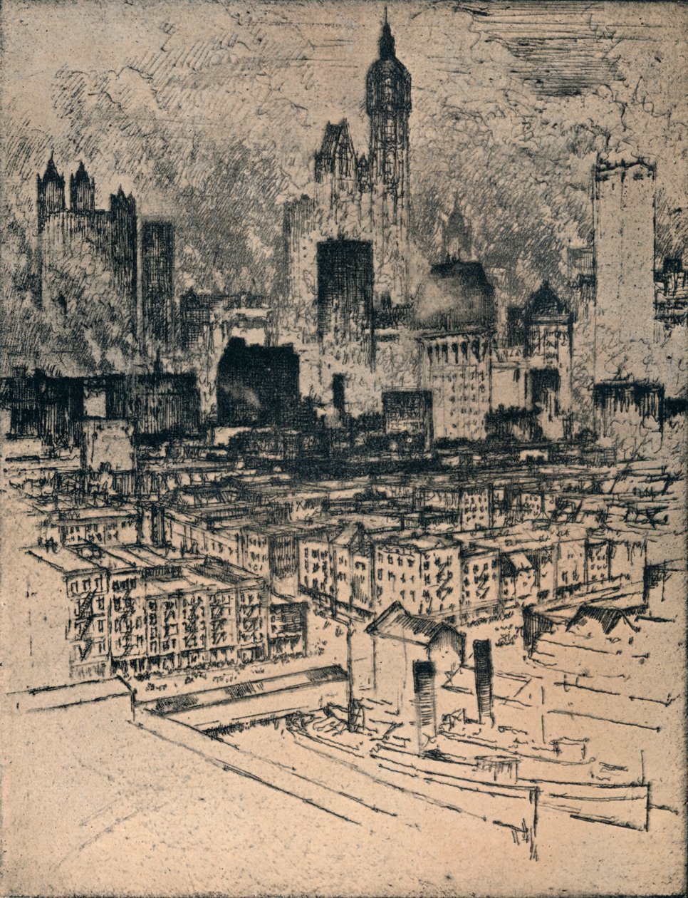 New York a Brooklyn Bridge-től, 1908 alkotó: Joseph Pennell