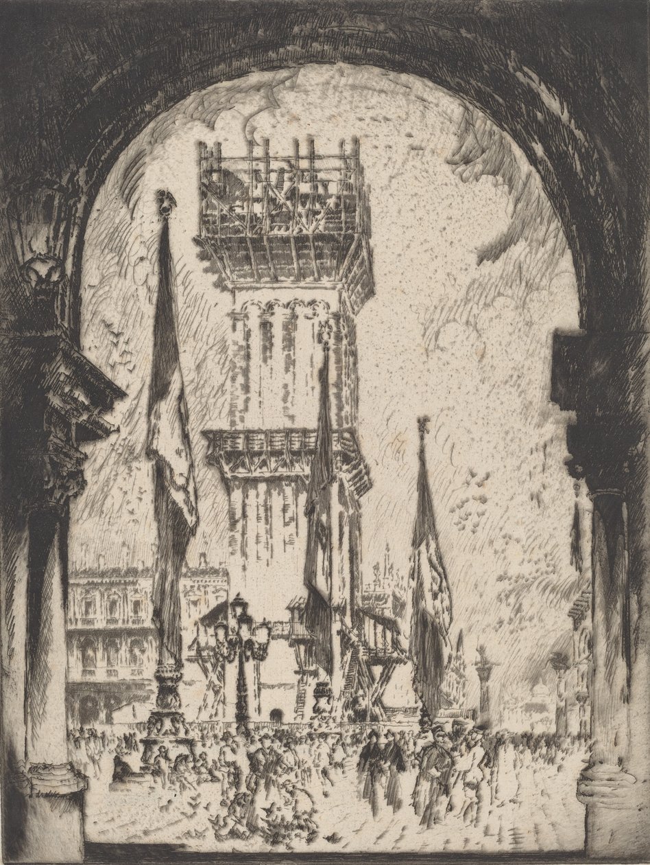 A Campanile újjáépítése, Velence, I. szám, 1911. alkotó: Joseph Pennell