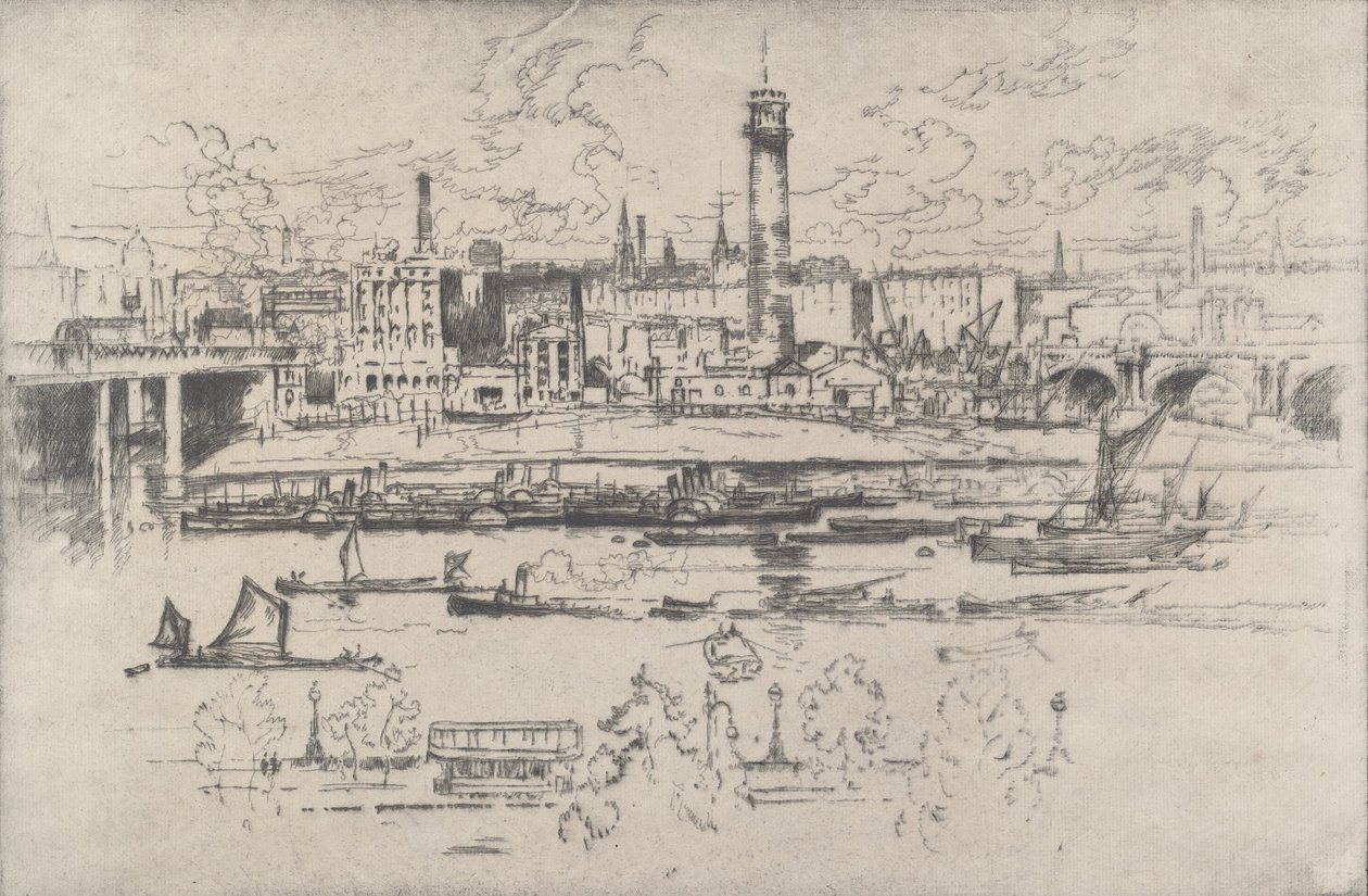 Lövéstorony a hidak között, 1910. alkotó: Joseph Pennell