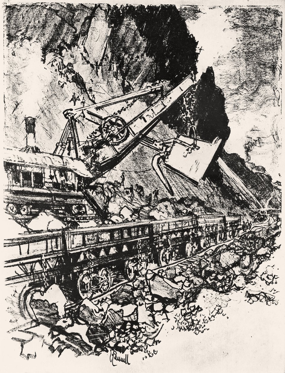 Gőzlapátos munka: Culebra Cut, XIV. lemez a Panama-csatornából, Joseph Pennell, 1912 (szén papíron) alkotó: Joseph Pennell