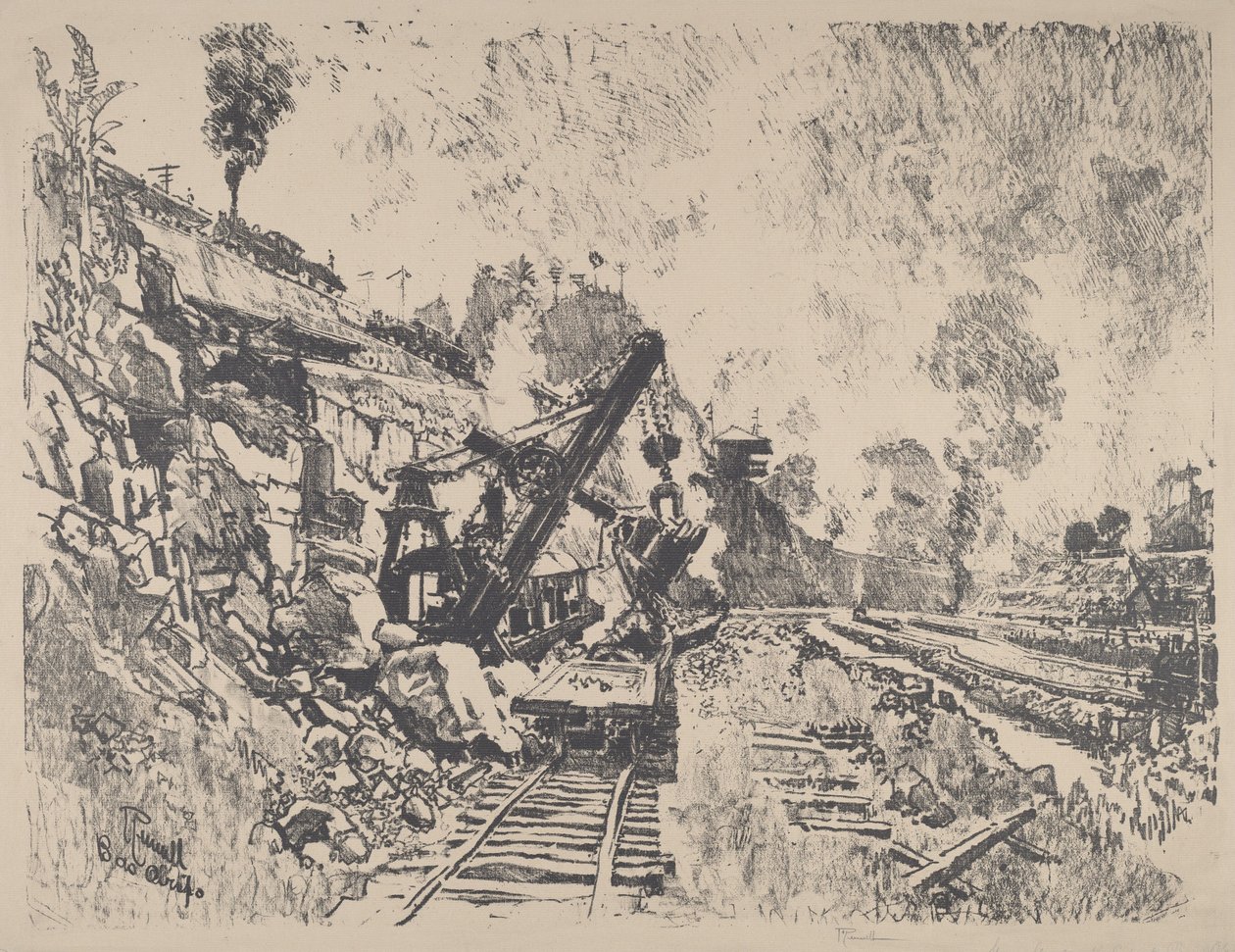 Gőzlapát munka közben Culebra Cutban alkotó: Joseph Pennell