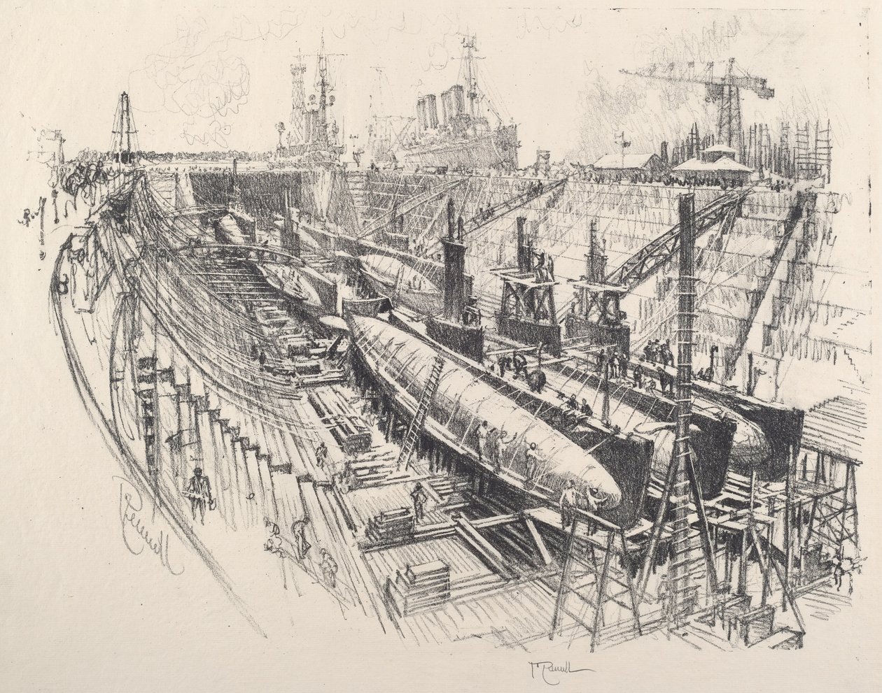 Tengeralattjárók a szárazdokkban, 1917. alkotó: Joseph Pennell