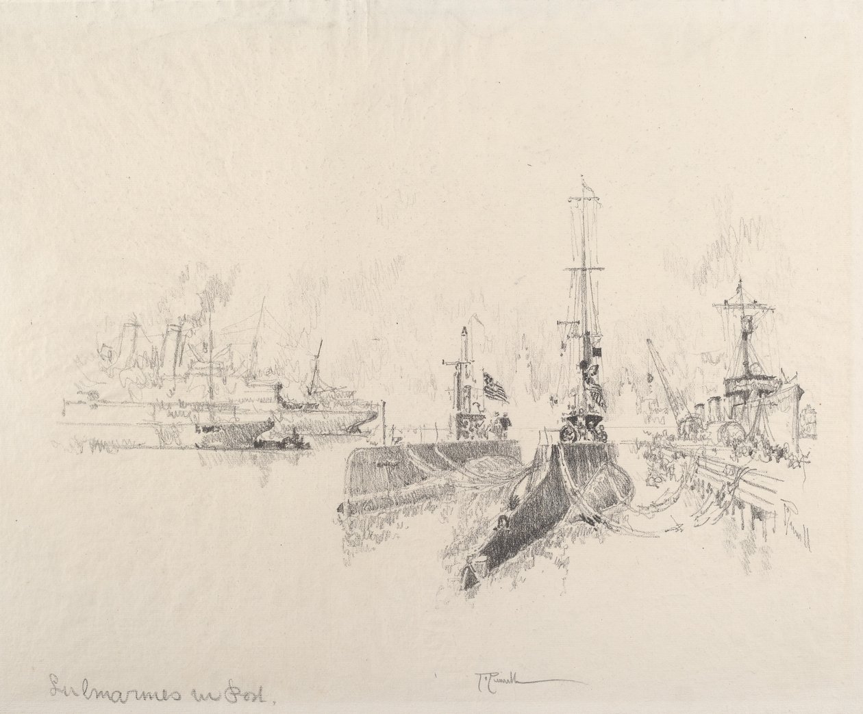 Tengeralattjárók Portban, 1917. alkotó: Joseph Pennell