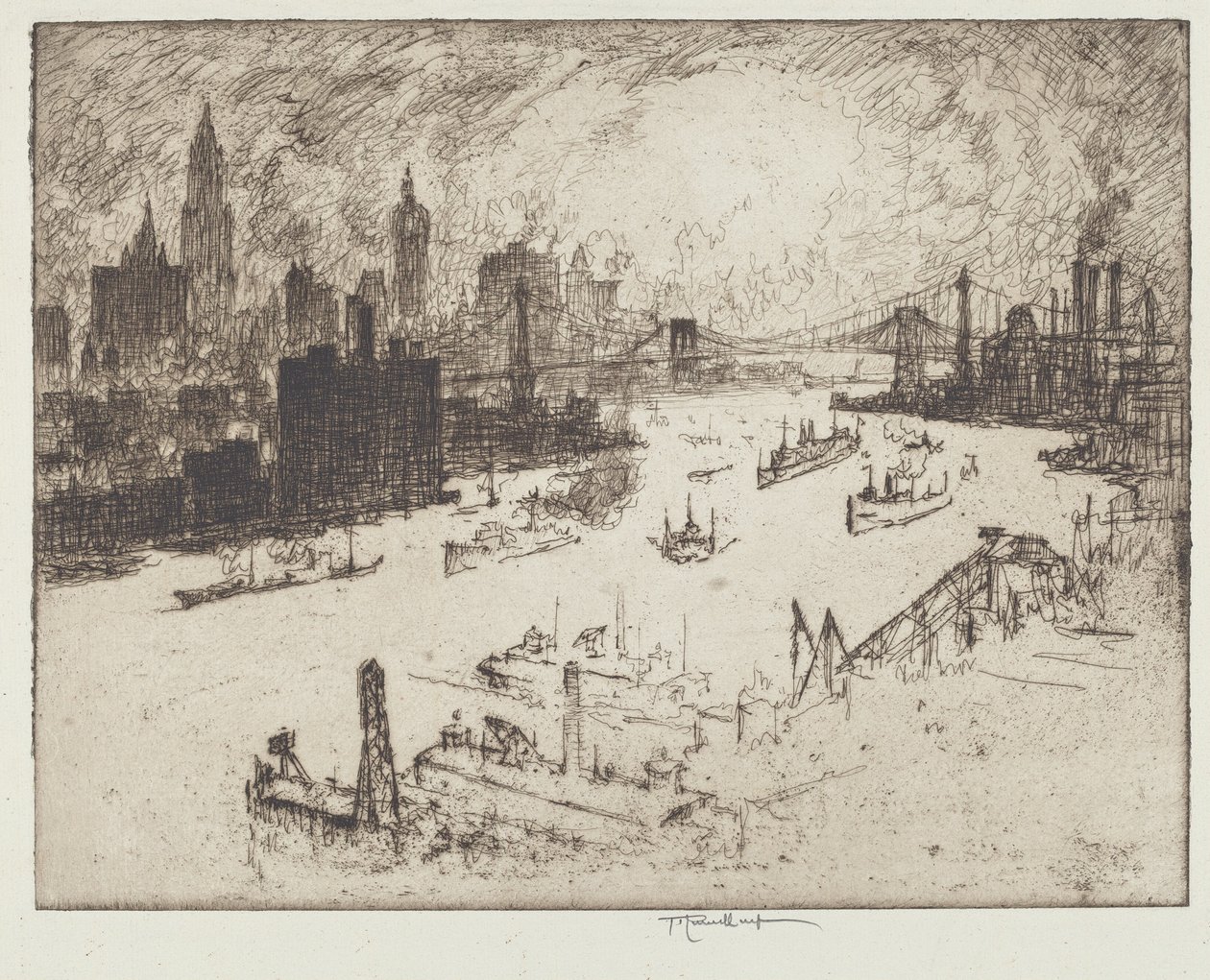 Naplemente a Williamsburg hídról alkotó: Joseph Pennell