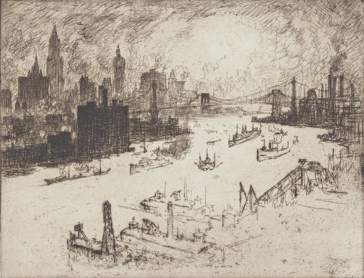 Naplemente, a Williamsburg hídról, 1915. alkotó: Joseph Pennell