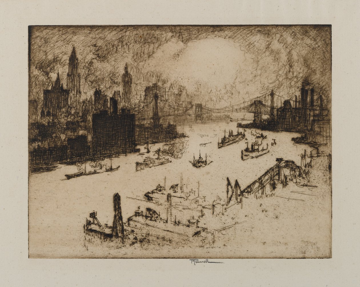 Naplemente a Williamsburg hídról, 1915 alkotó: Joseph Pennell
