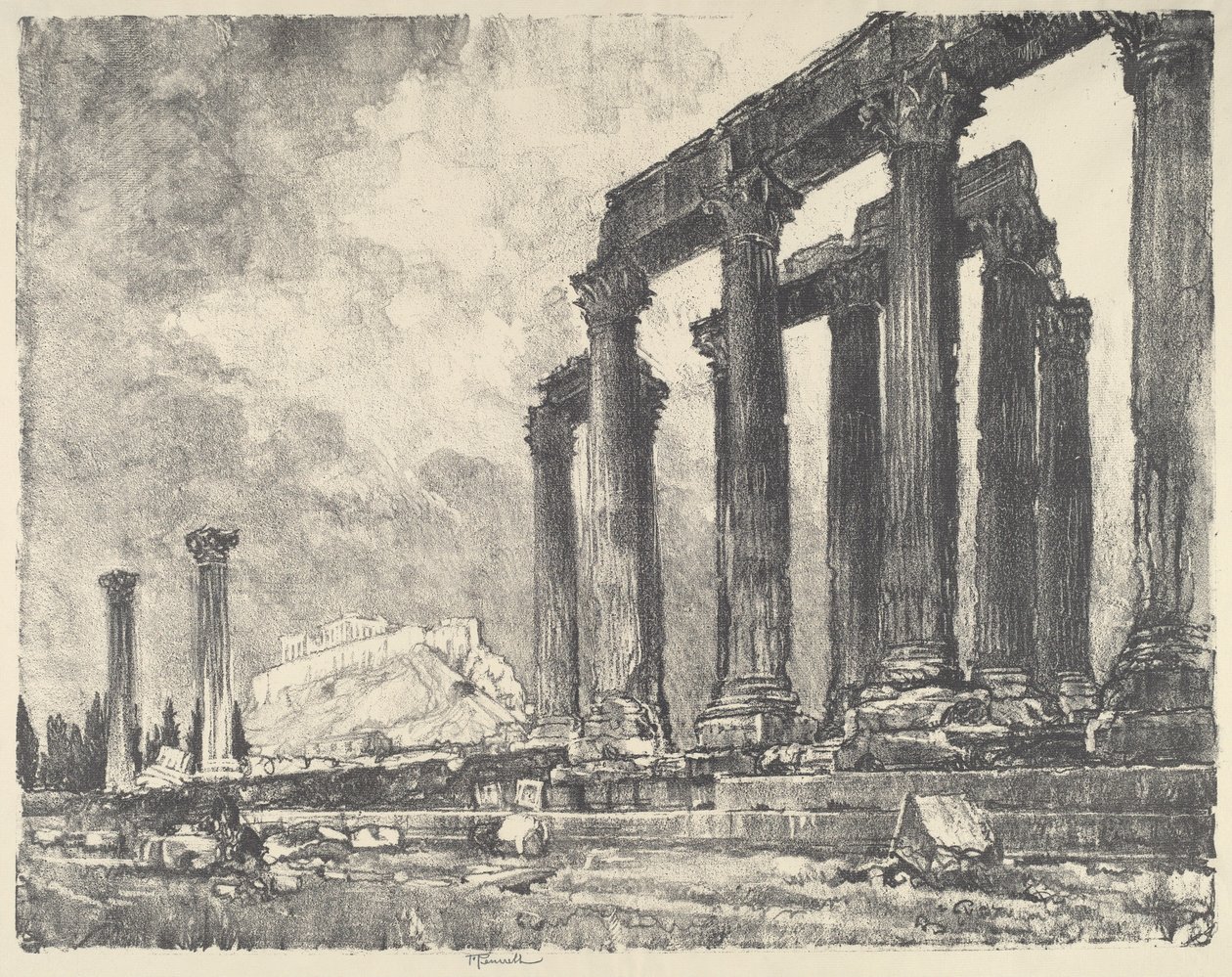 Az Akropolisz a Jupiter templomból, Athén, 1913. alkotó: Joseph Pennell