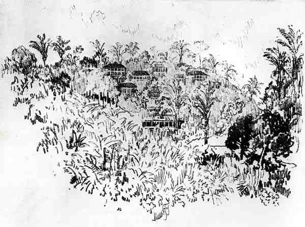 Az amerikai falu, X. tábla Joseph Pennell A Panama-csatorna című művéből, 1912 (szén, papír) alkotó: Joseph Pennell