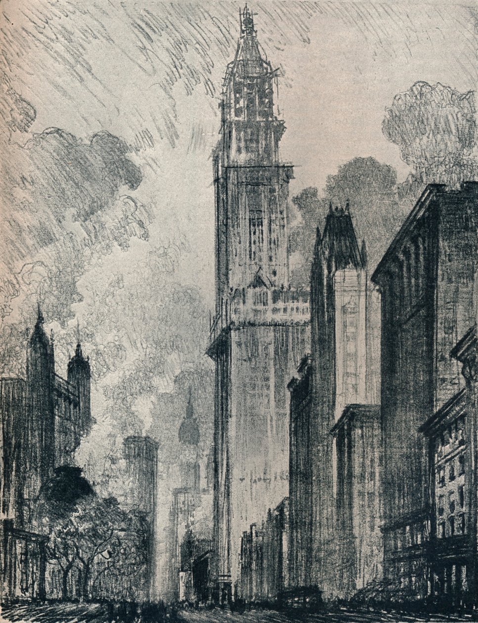 A Broadway és a Woolworth Building, New York, 1912 alkotó: Joseph Pennell