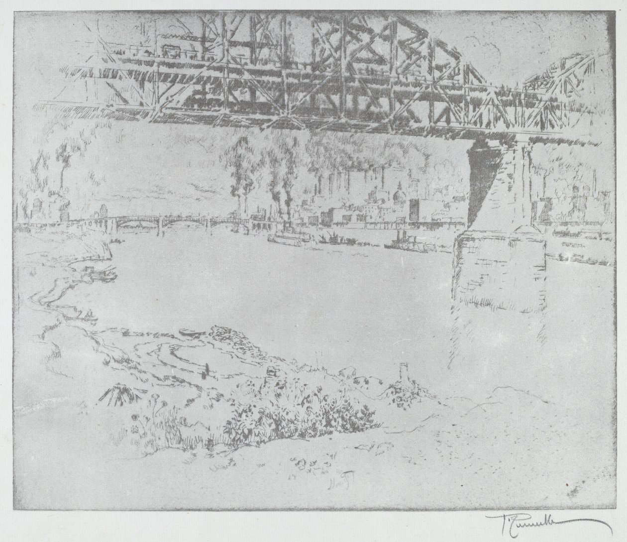 A City Bridge, St. Louis [lent], 1919-ben vagy azután. alkotó: Joseph Pennell