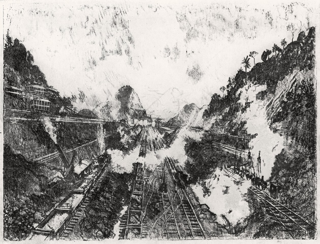 The Cut Looking to Ancon Hill, XVII. tábla a Panama-csatornából, Joseph Pennell, 1912 (szén, papíron) alkotó: Joseph Pennell