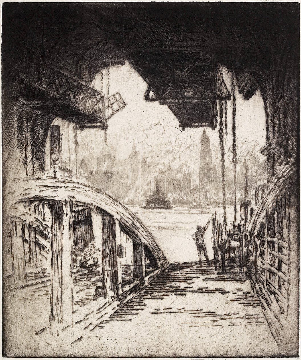 A kompház; A Cortland Street komp Jersey City oldaláról, 1919 alkotó: Joseph Pennell